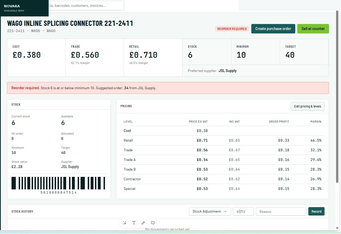 Product pricing & stock in the illustrative Novara wholesale prototype