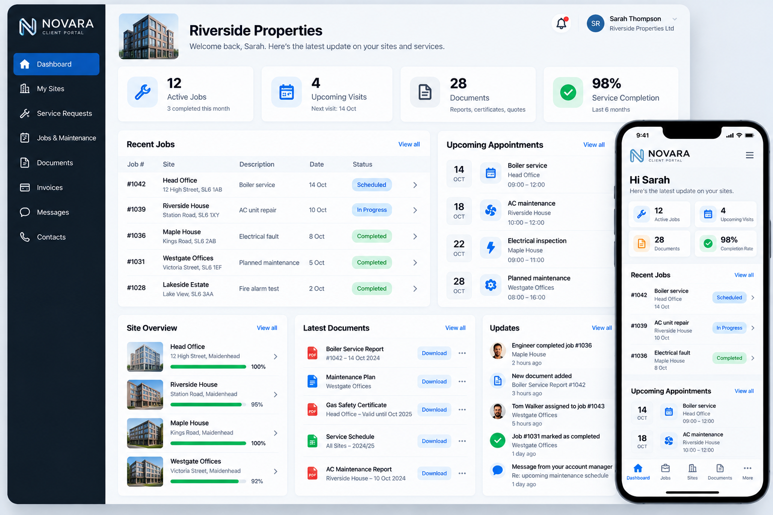Concept Novara customer portal showing job progress, updates, documents and upcoming appointments on desktop and mobile