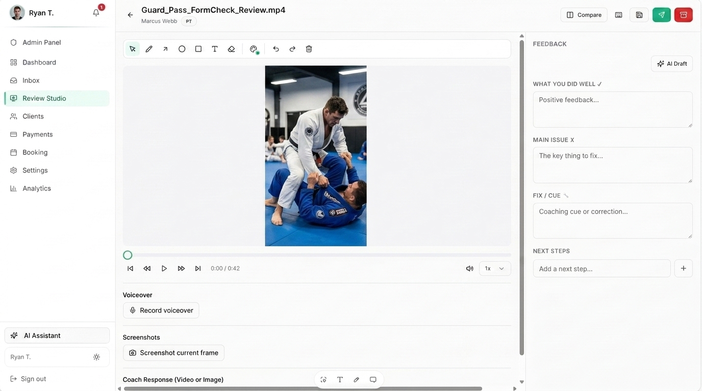 Review studio with video playback, annotation tools and structured coaching feedback