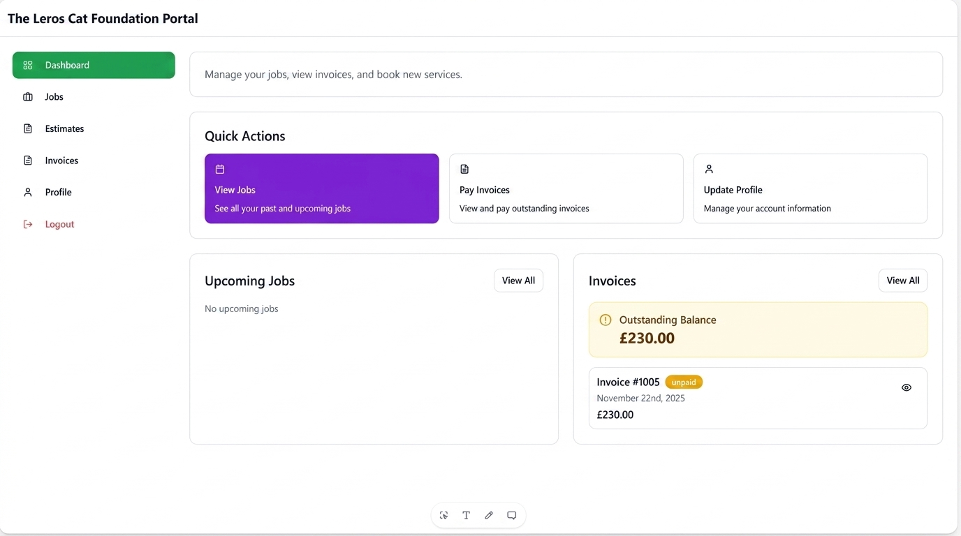 Branded client portal showing jobs, estimates and invoices