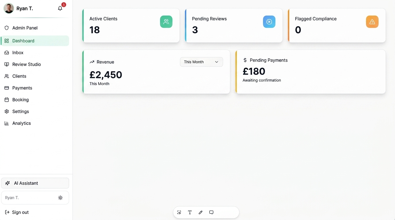 Coach dashboard showing active clients, pending reviews, revenue and pending payments