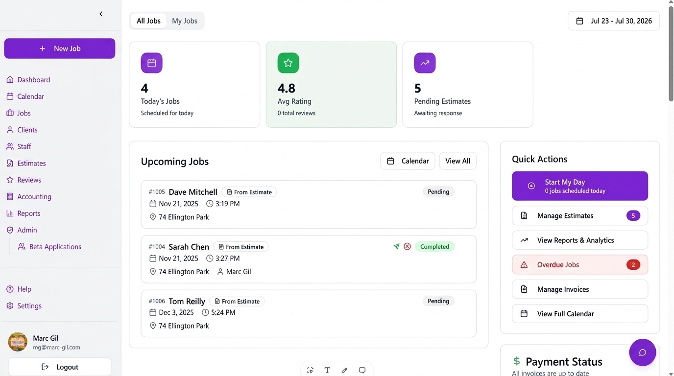 Operations dashboard showing today's jobs, ratings and upcoming work