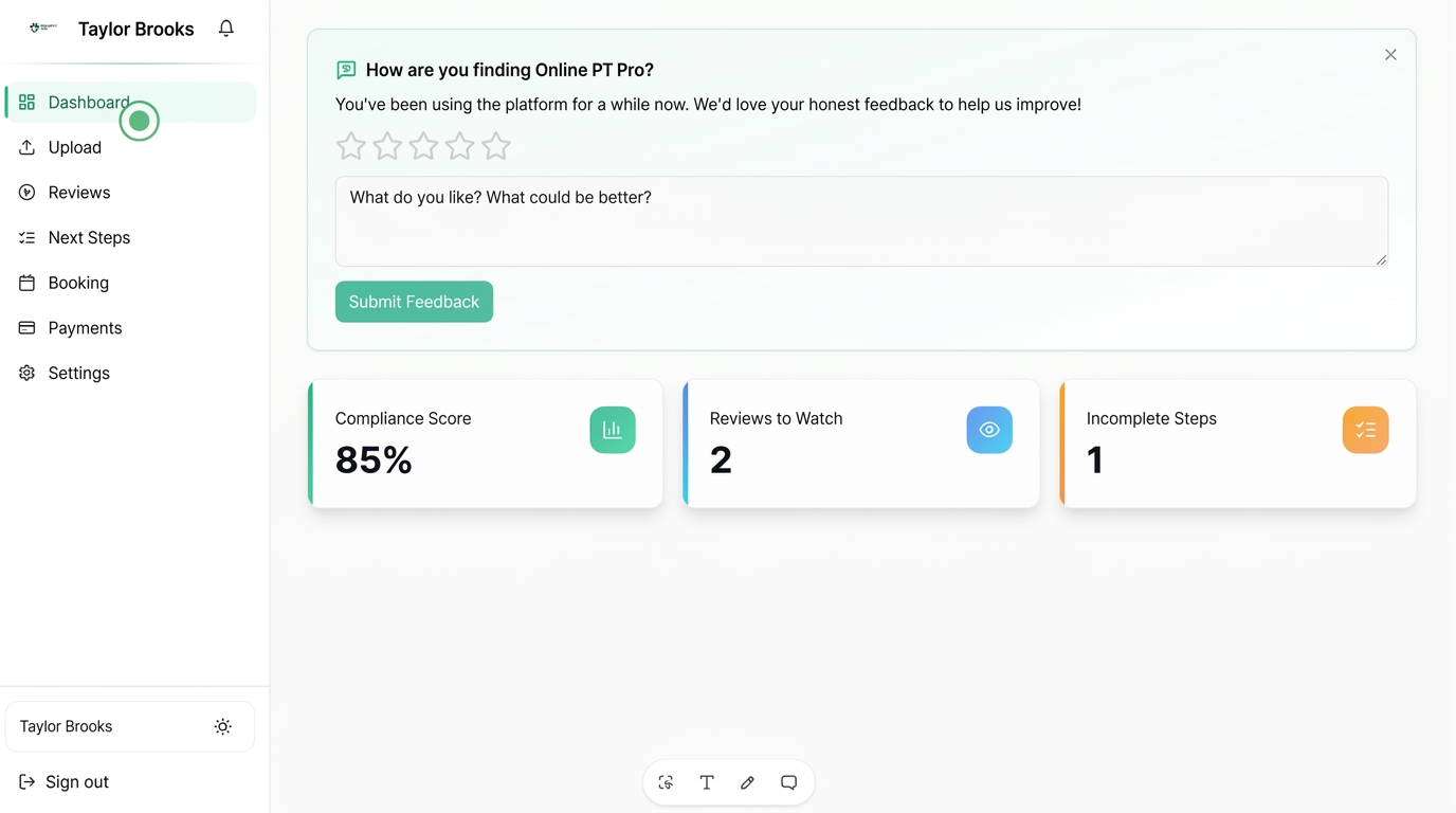 Client portal showing compliance score, reviews to watch and incomplete steps