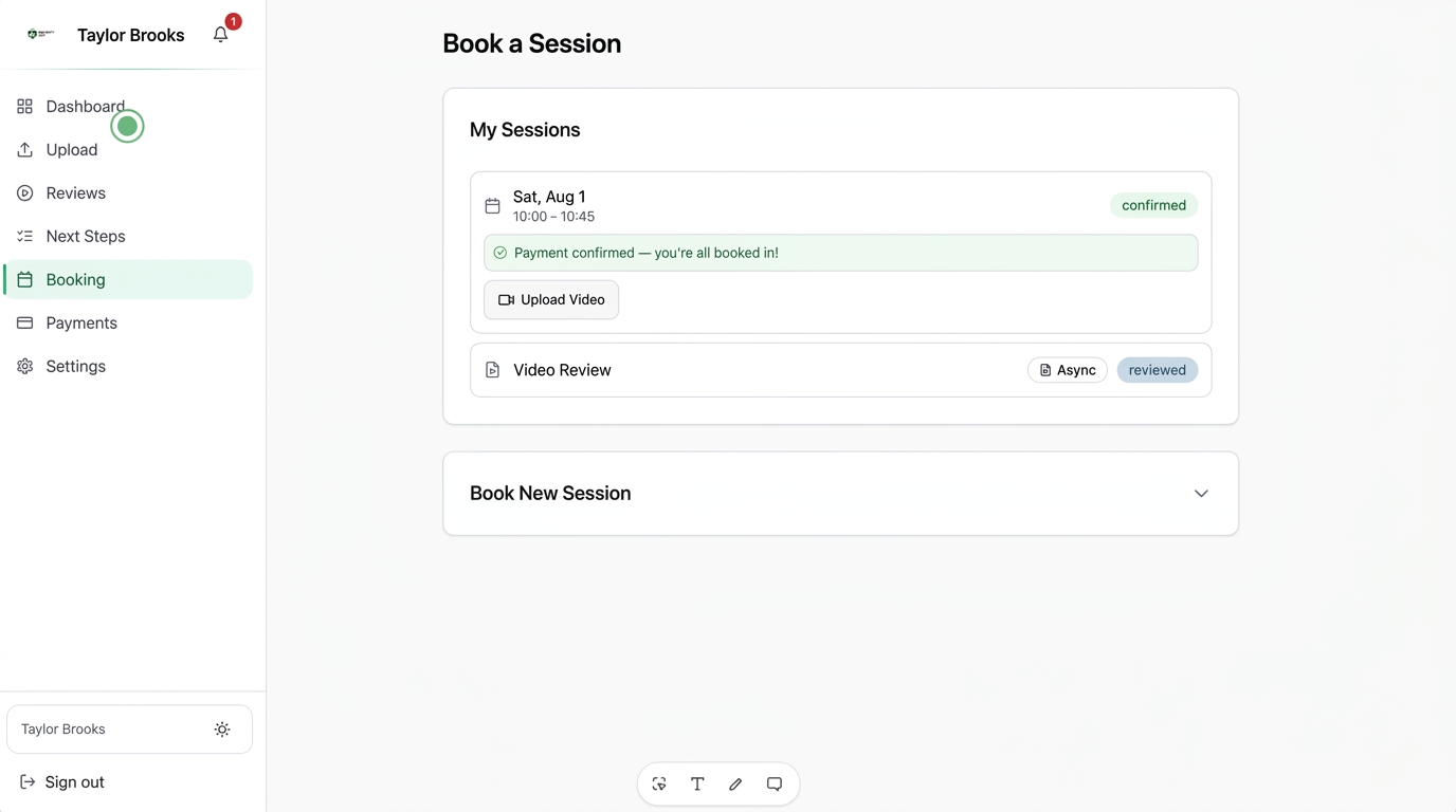 Client booking screen showing a confirmed session with payment confirmed