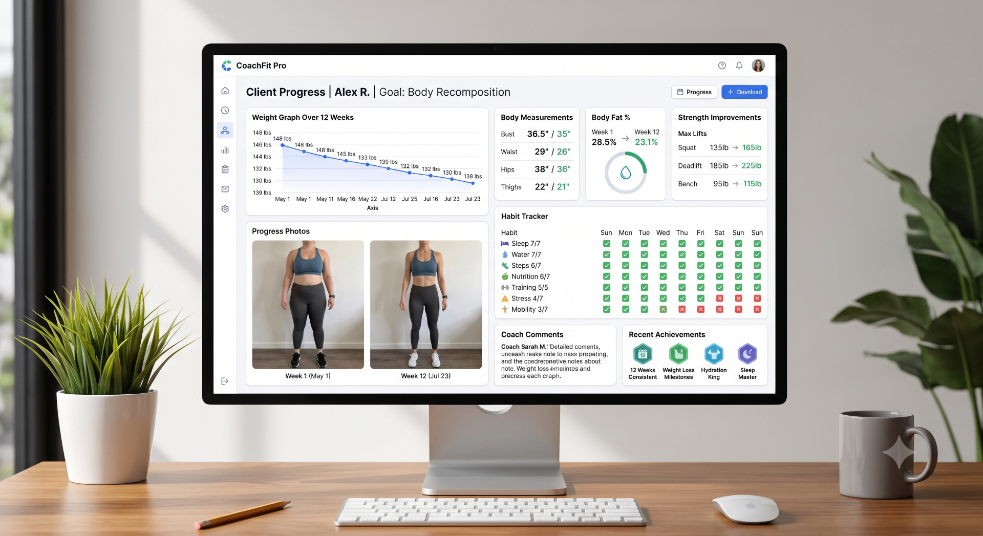 Client portal showing weight graph, body measurements, progress photos and habit tracker