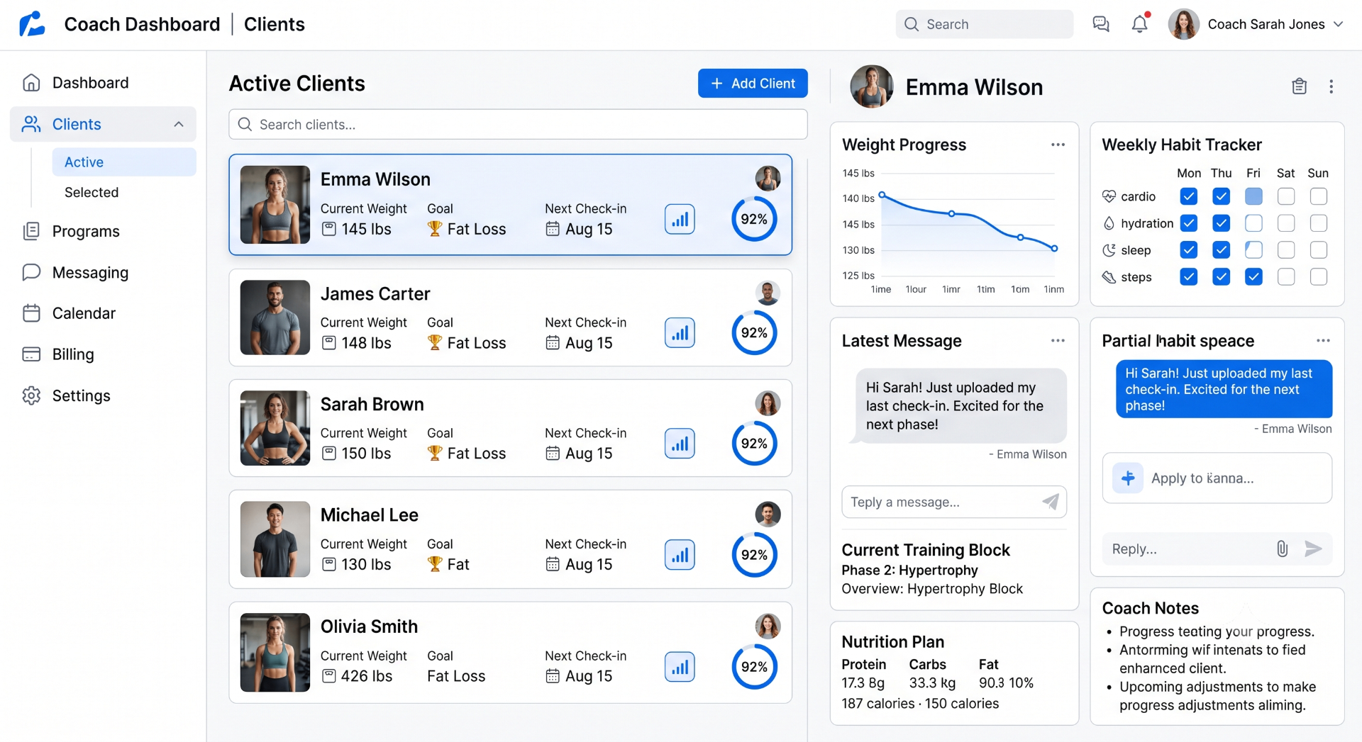 Coach dashboard listing active clients with weight progress, weekly habit tracker and messaging