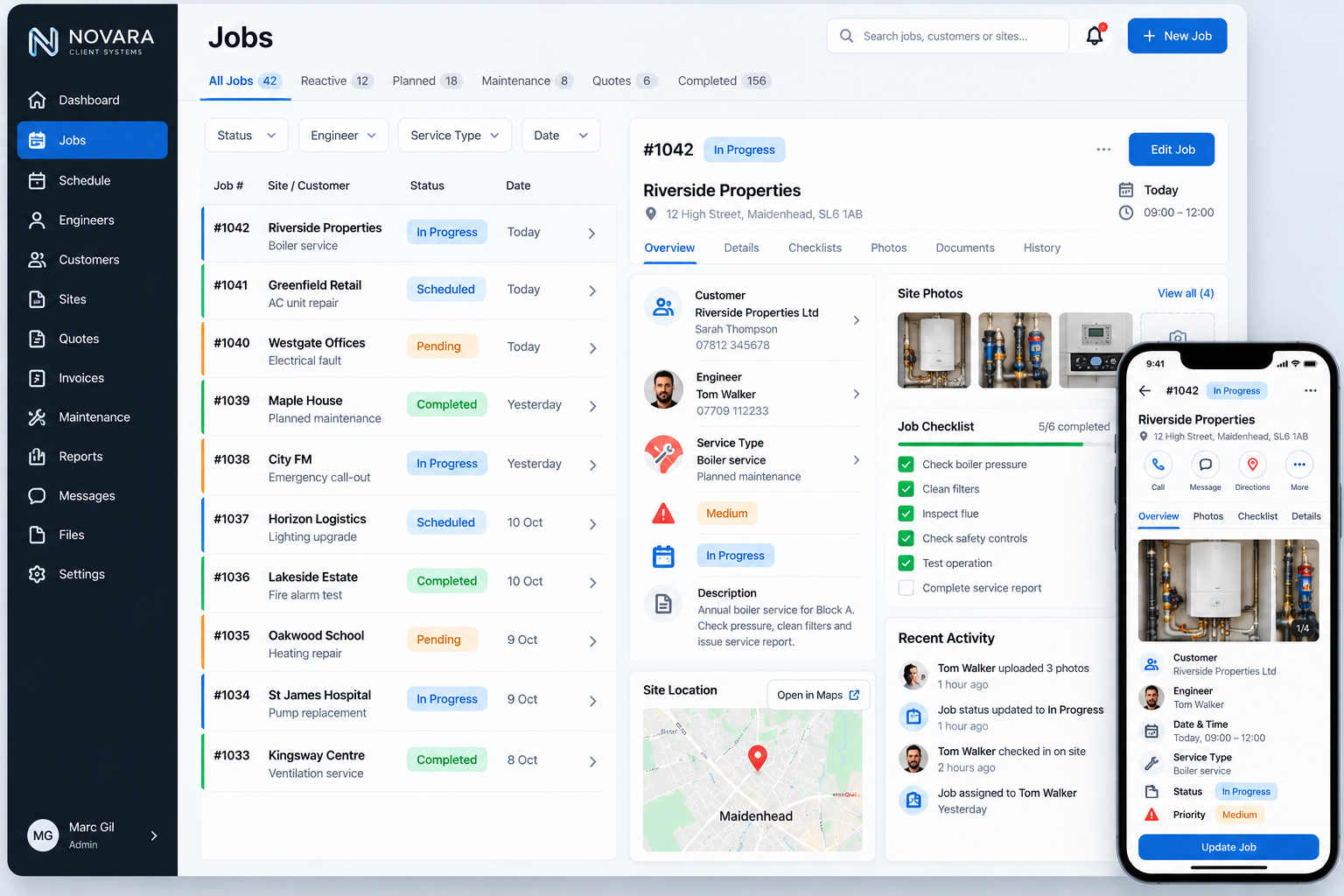 Concept job-tracking interface with job status, assigned engineer, site details, checklists and completion photos on desktop and mobile