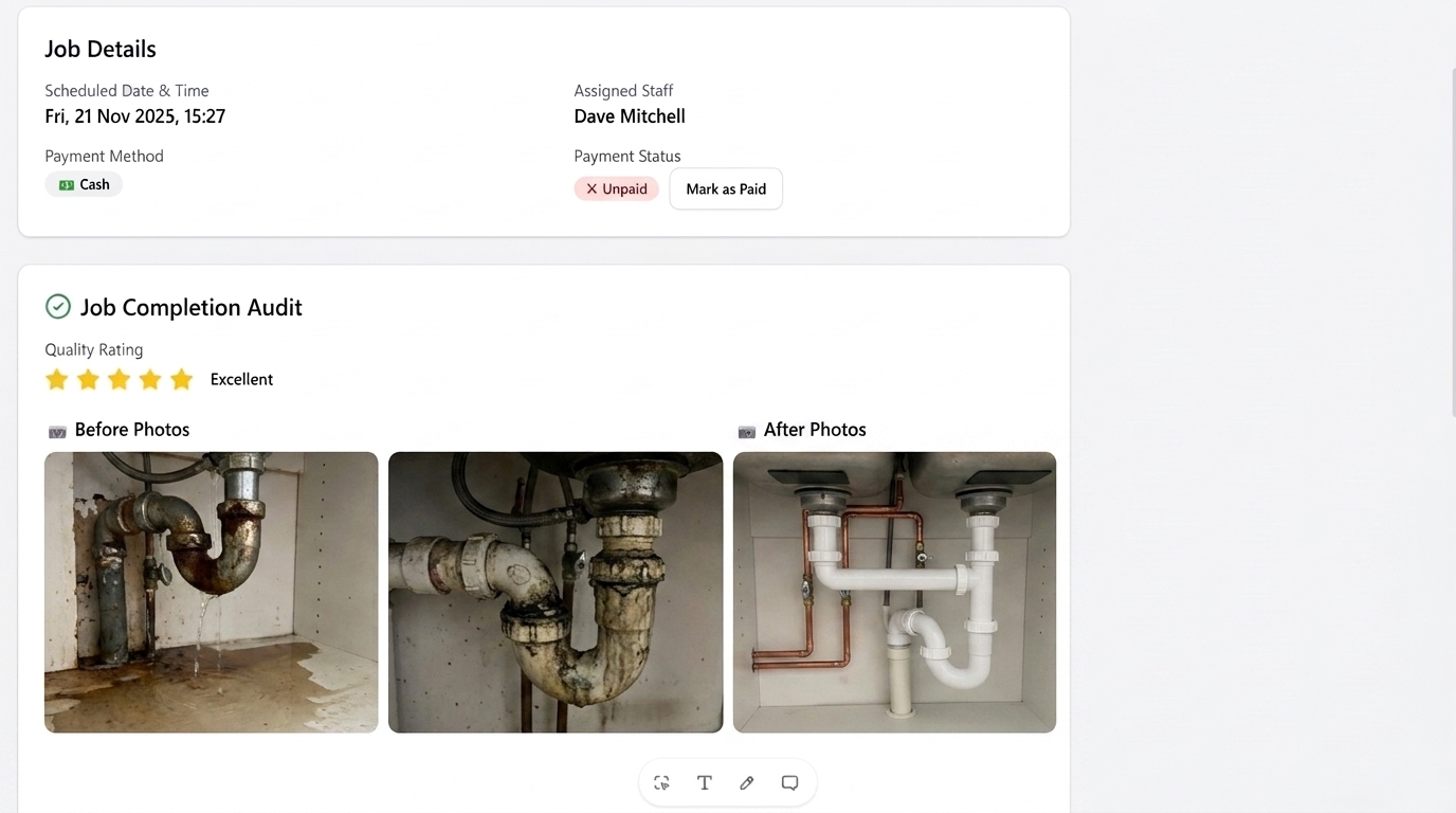 Job completion audit with before and after photos and a quality rating